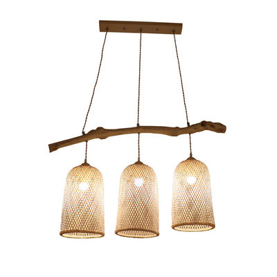 Üç Başlı Rattan Kolye Işığı Restoran Bambu Dokuma Lamba 3500K