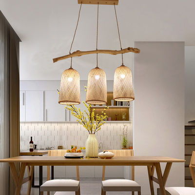 Üç Başlı Rattan Kolye Işığı Restoran Bambu Dokuma Lamba 3500K