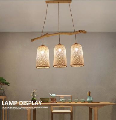Üç Başlı Rattan Kolye Işığı Restoran Bambu Dokuma Lamba 3500K
