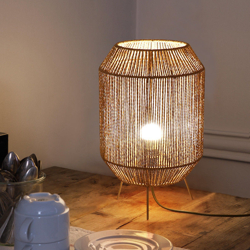 Vintage Twine Rattan Masa Lampası, Evde Kalmak İçin El Yapımı Wabi Sabi Masa Lampası
